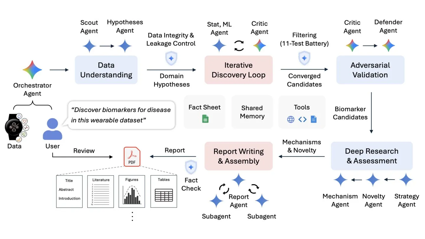 Google Research diagram of the Biomarker Discovery Framework multi-agent workflow
