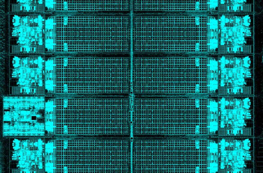 CAD layout of IBM dual-architecture mainframe processor showing 11 core rows with integrated Arm and Z instruction execution