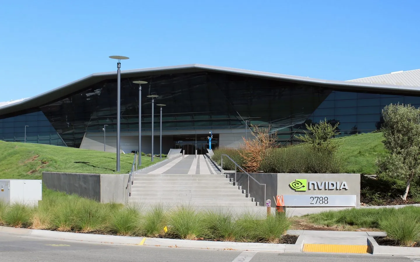 Nvidia headquarters building and sign in Santa Clara