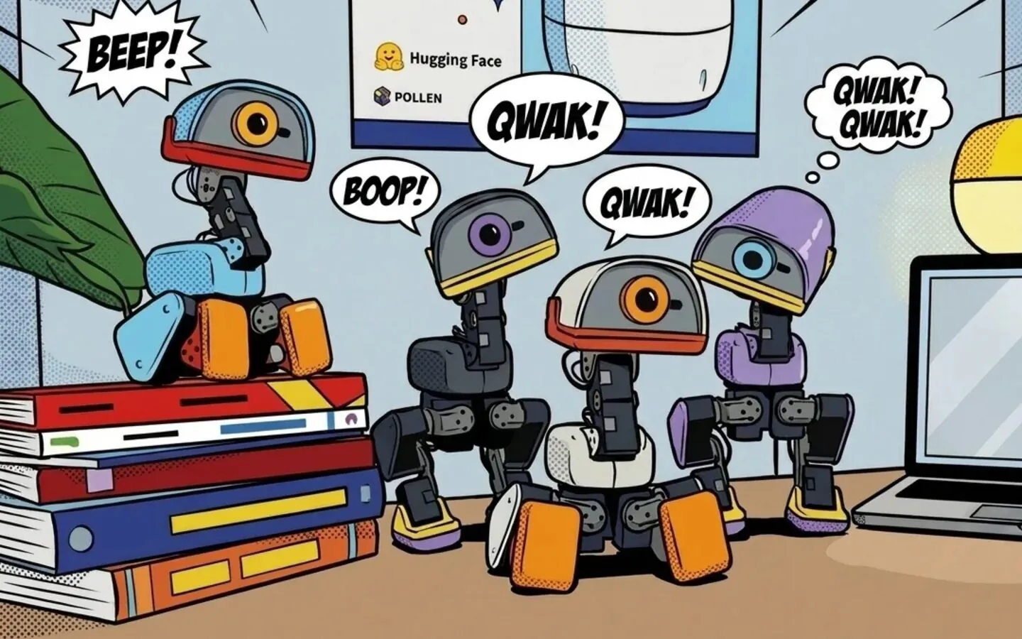 Illustrated Microduck robots from Pollen Robotics and Hugging Face beside a laptop