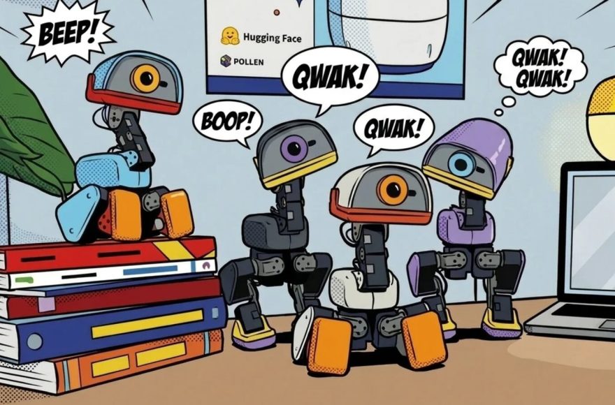 Illustrated Microduck robots from Pollen Robotics and Hugging Face beside a laptop