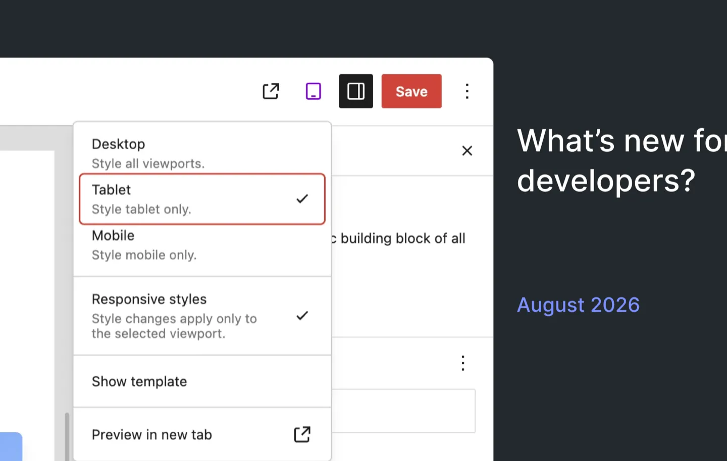 WordPress editor showing responsive style controls in an August 2026 developer roundup