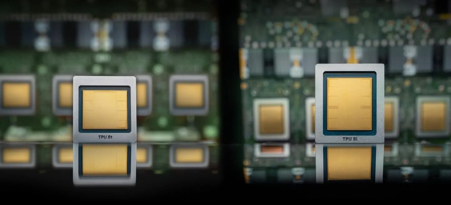 Google's official render of the eighth-generation TPU 8t (training) and TPU 8i (inference) packages.