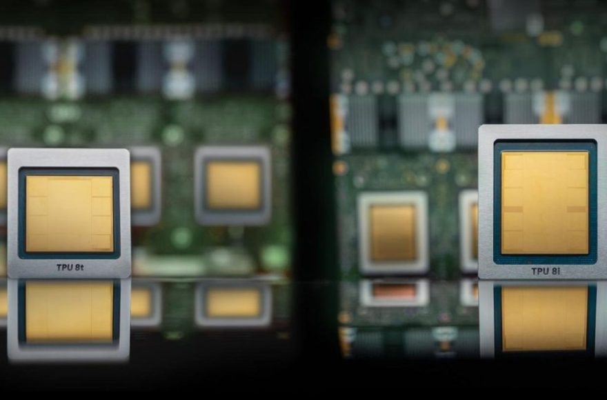 Google's official render of the eighth-generation TPU 8t (training) and TPU 8i (inference) packages.