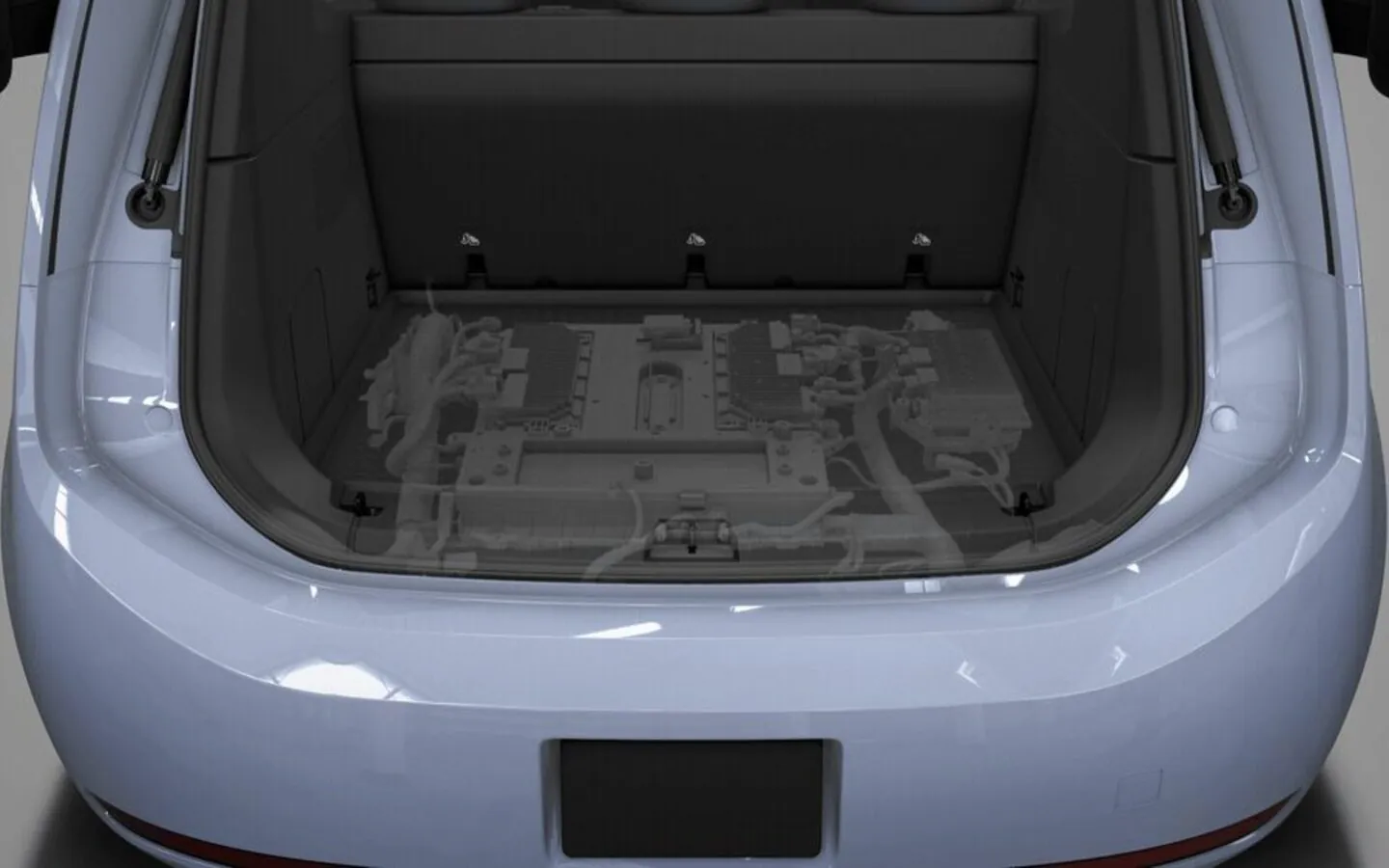 Waymo robotaxi trunk with the custom compute system visible beneath the cargo floor