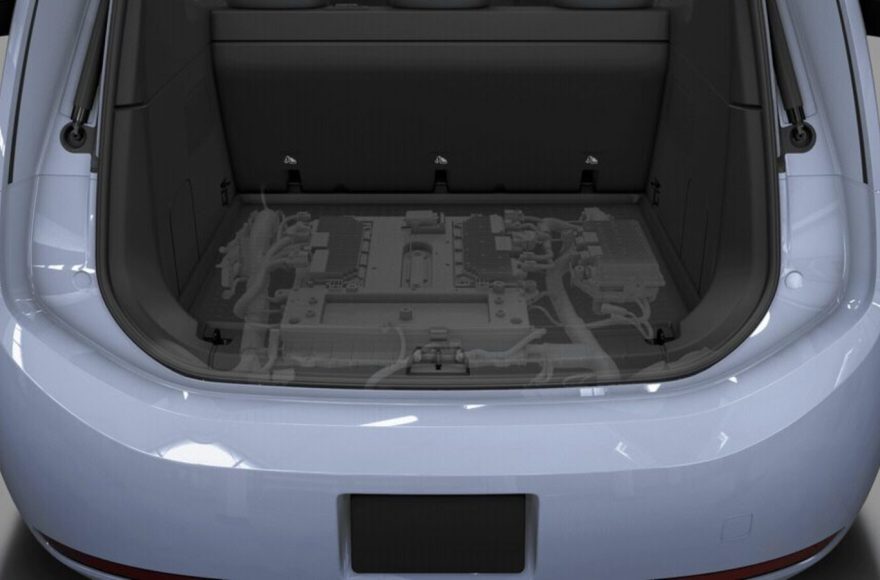 Waymo robotaxi trunk with the custom compute system visible beneath the cargo floor