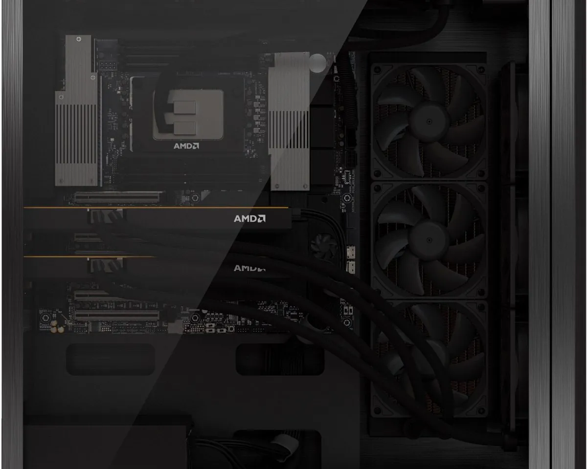 AMD Threadripper Halo Station workstation with multiple accelerator cards inside a dark liquid-cooled chassis