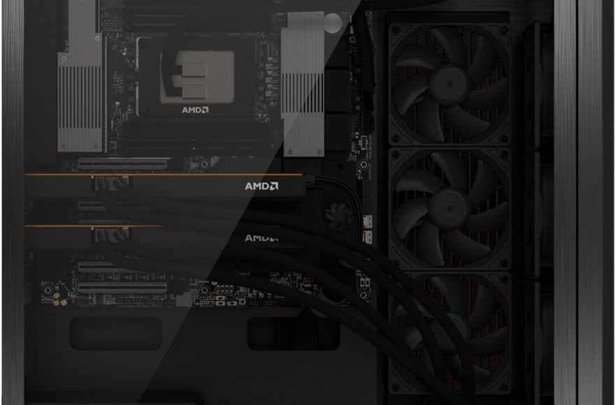 AMD Threadripper Halo Station workstation with multiple accelerator cards inside a dark liquid-cooled chassis