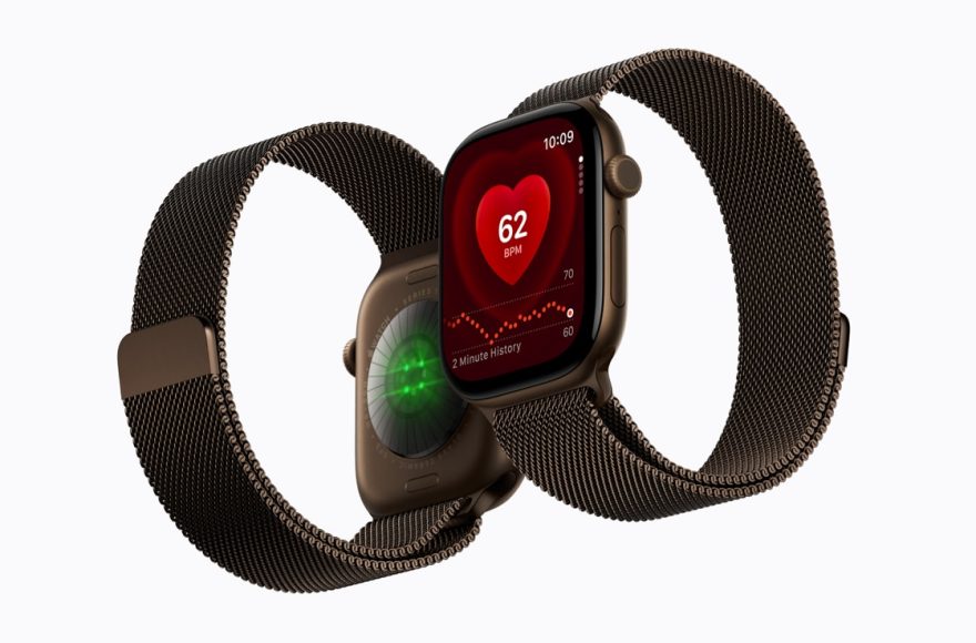 Apple Watch Series 12 devices shown with rear health sensors and the Heart Rate app