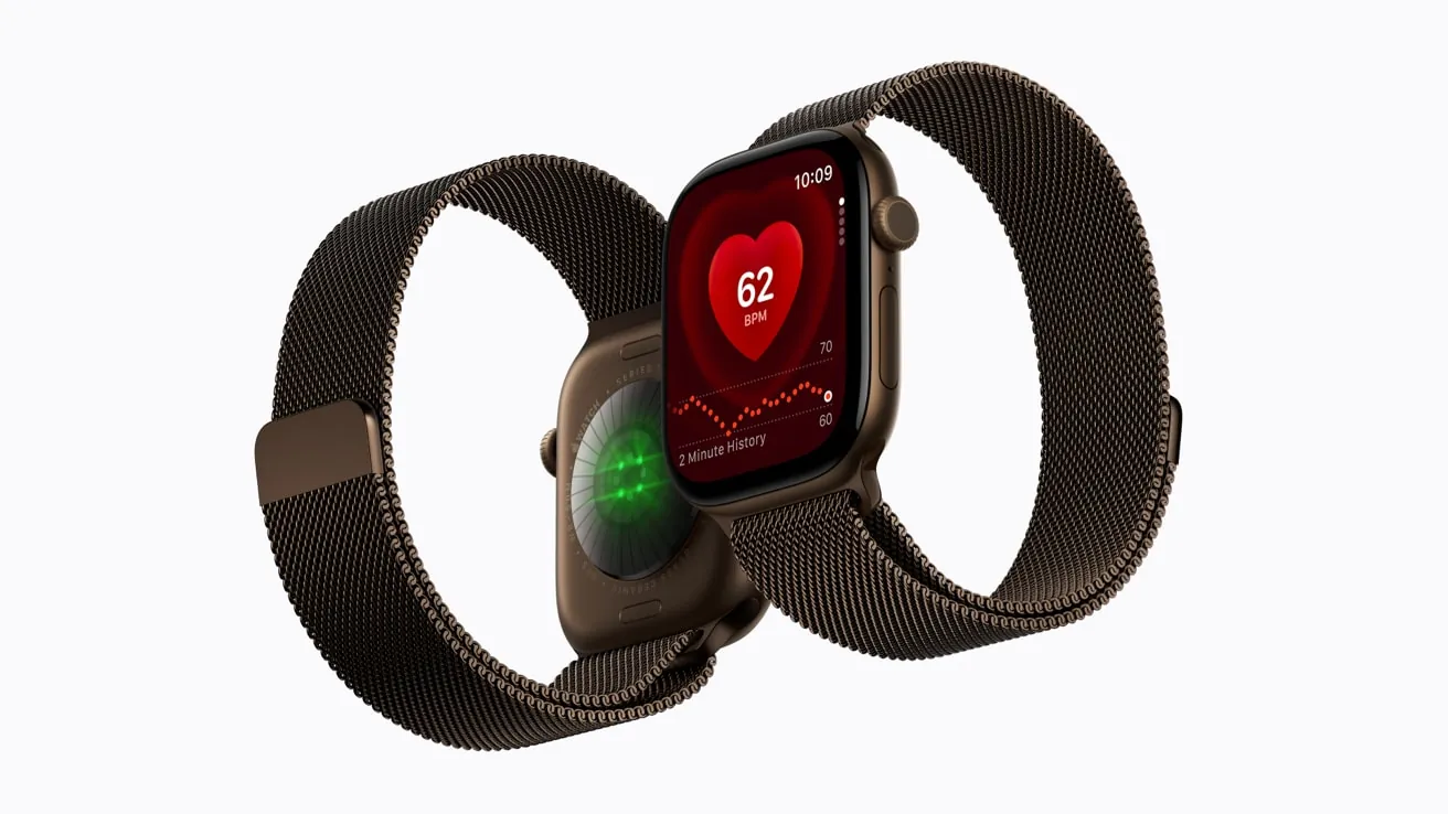 Apple Watch Series 12 devices shown with rear health sensors and the Heart Rate app