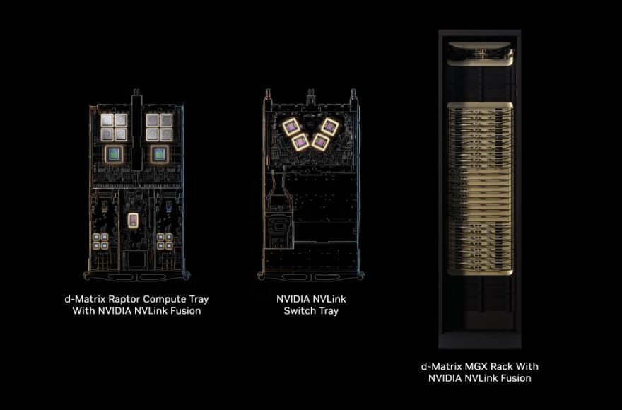 Official technical rendering of d-Matrix Raptor compute trays and an MGX rack with NVIDIA NVLink Fusion