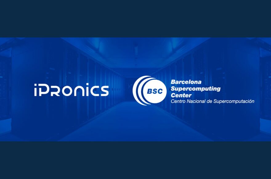 iPronics and Barcelona Supercomputing Center partnership banner over a representative data center aisle