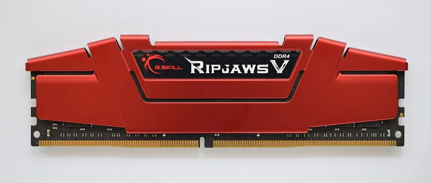 G.Skill DDR4 system RAM module with a red heat spreader