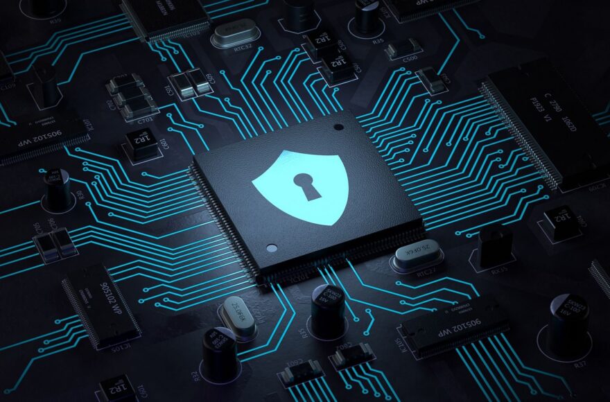 Intel security illustration showing a microchip with a shield and keyhole icon on a circuit board.