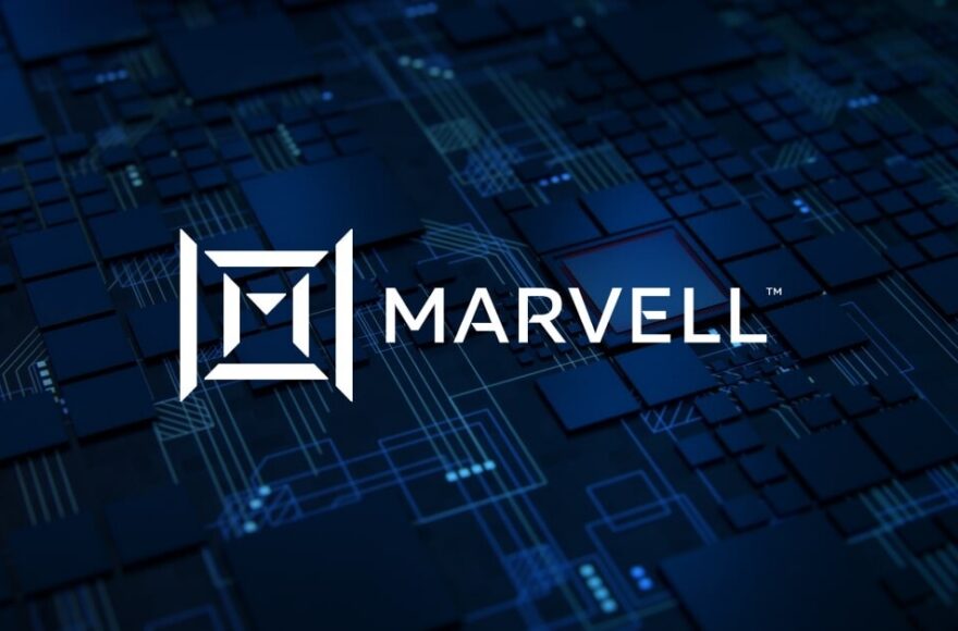 Marvell logo over a dark blue abstract circuit-board pattern.