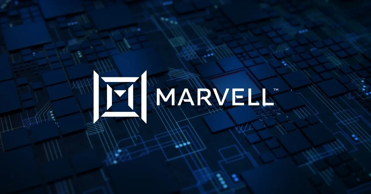 Marvell logo over a dark blue abstract circuit-board pattern.