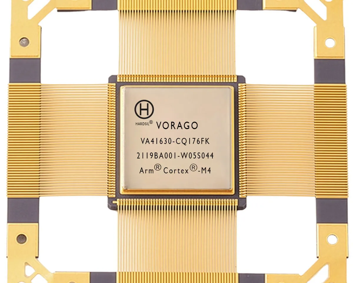 VORAGO VA41630-CQ176FK radiation-hardened MCU in a ceramic package, with its Arm Cortex-M4 marking visible.