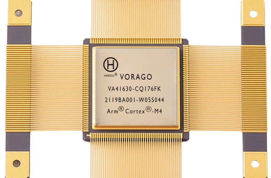 VORAGO VA41630-CQ176FK radiation-hardened MCU in a ceramic package, with its Arm Cortex-M4 marking visible.
